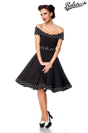 schulterfreies Swing-Kleid mit Guertel schwarz 1-50210-002