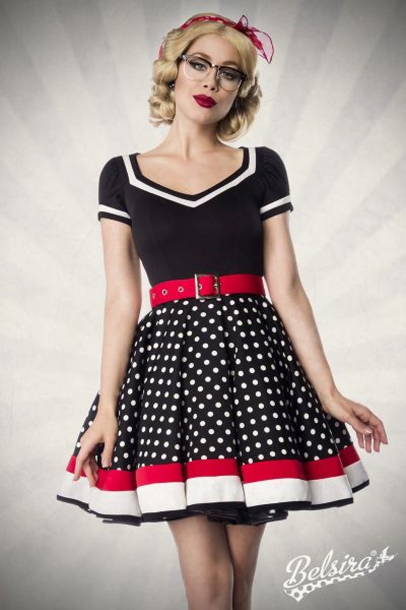 Kleid mit Guertel schwarz-weiss-rot 1-50031-119 Kleid mit Guertel schwarz-weiss-rot 1-50031-119
