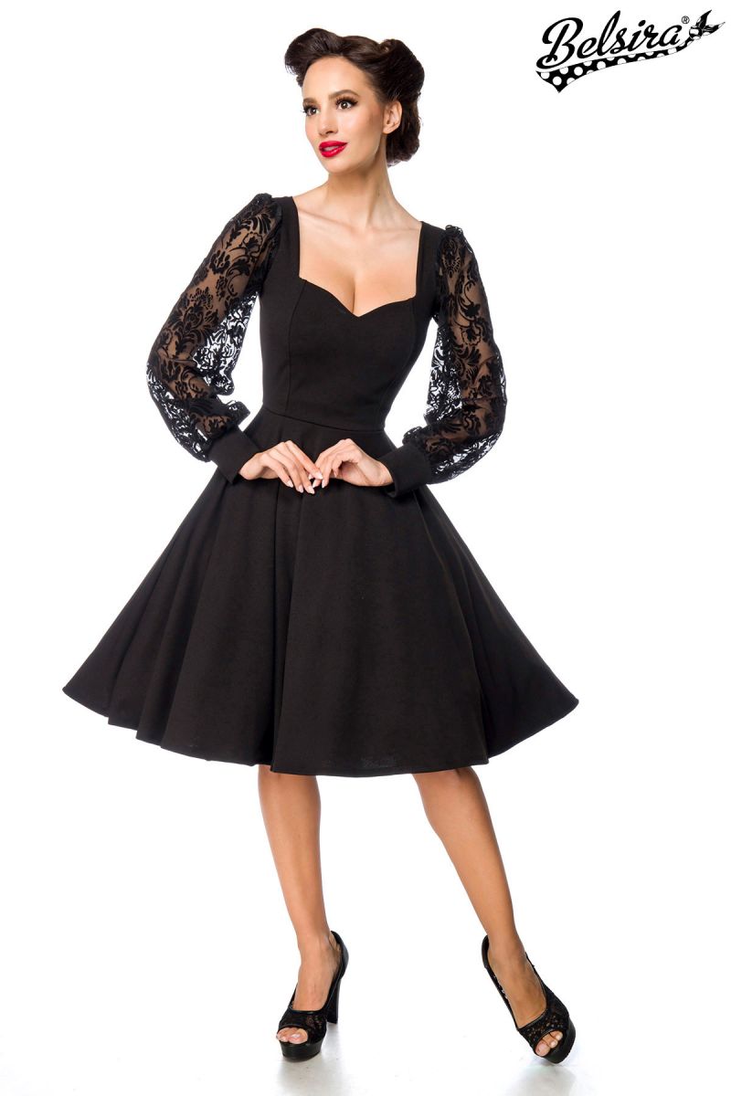 elegantes Kleid mit Spitzenaermel schwarz 1-50214-002