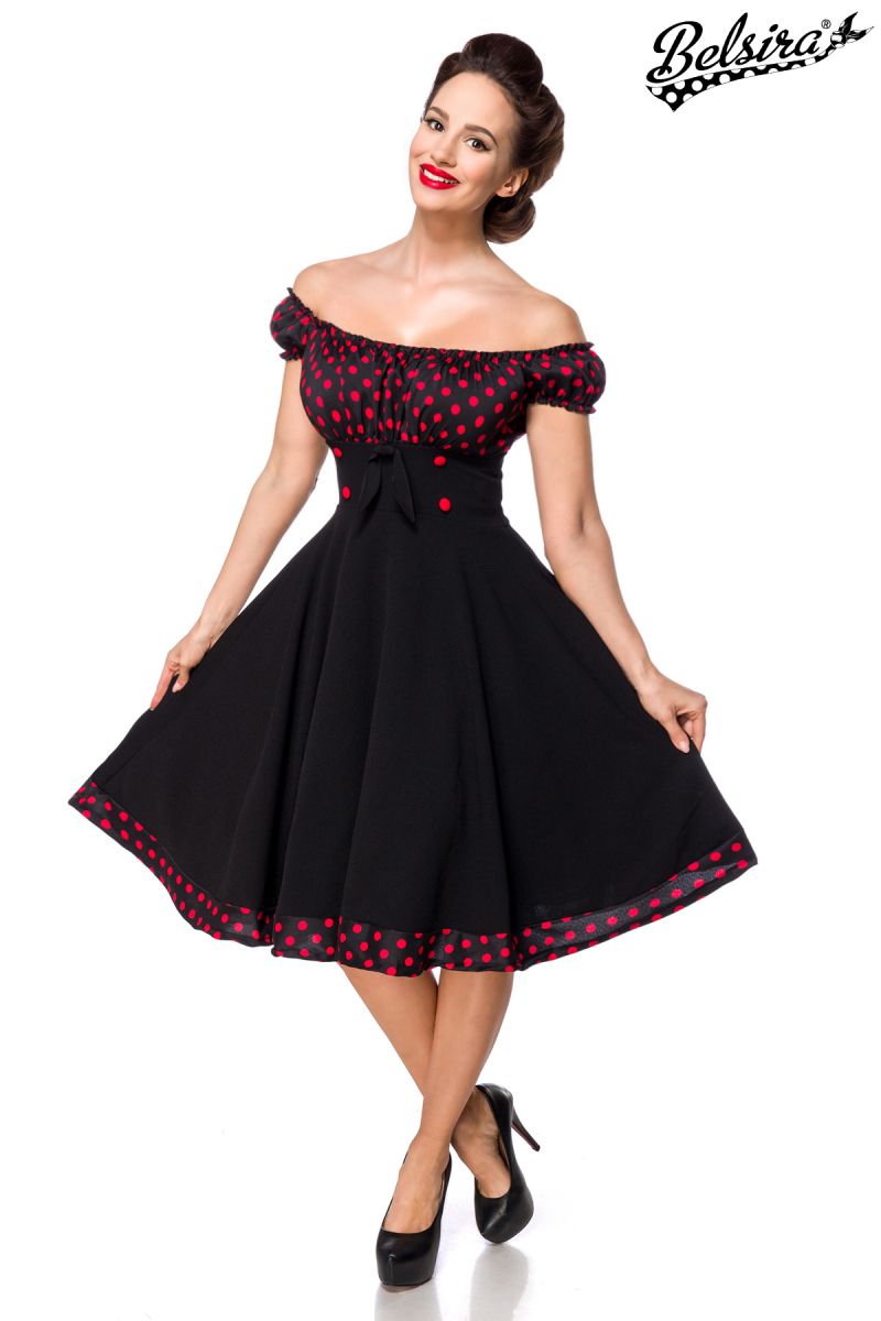 schulterfreies Swing-Kleid schwarz-rot 1-50058-021
