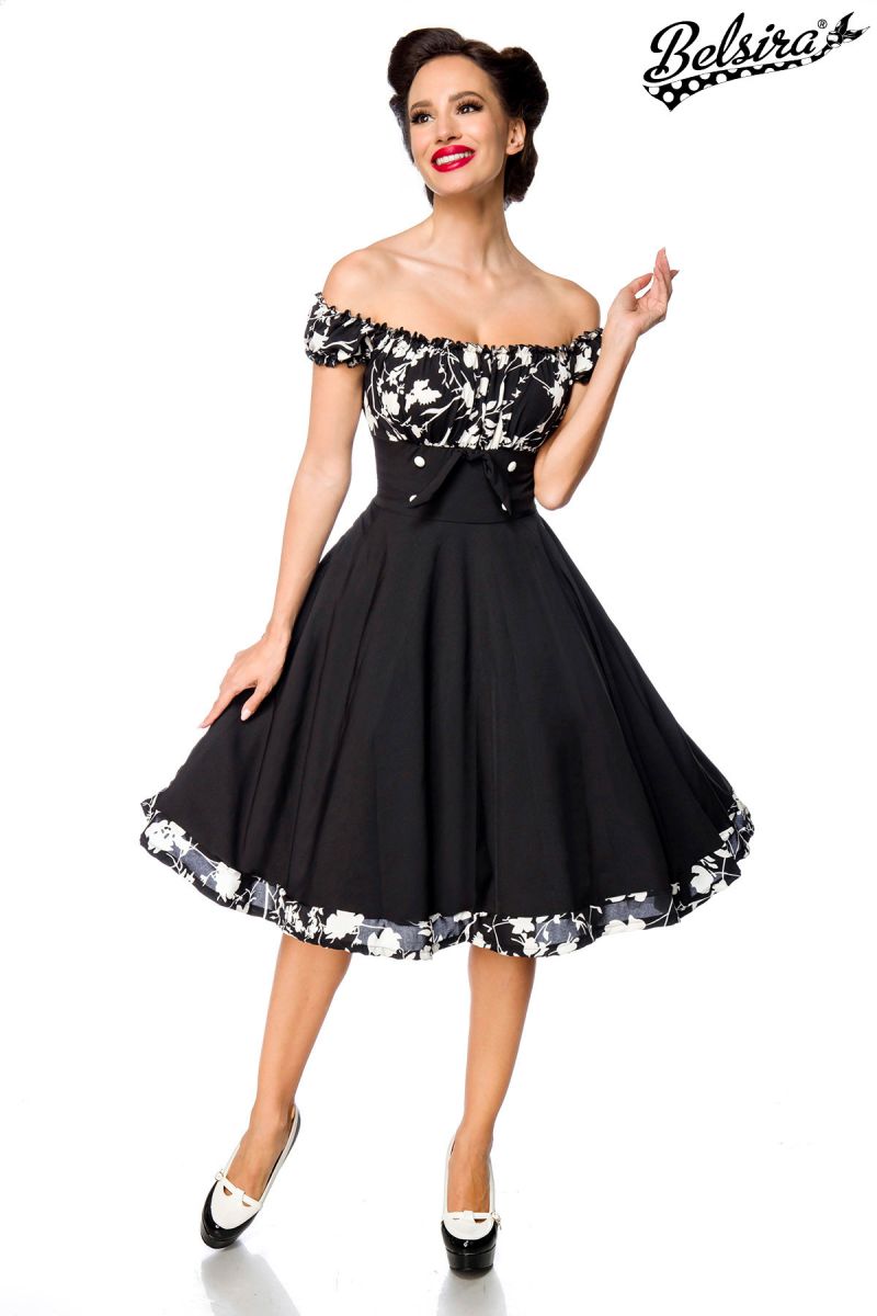 schulterfreies Swing-Kleid schwarz-gemustert 1-50058-152 schulterfreies Swing-Kleid schwarz-gemustert 1-50058-152